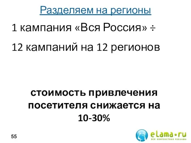 Разделяем на регионы 1 кампания «Вся Россия» ÷ 12 кампаний на 12