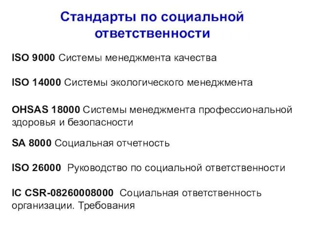 ISO 9000 Системы менеджмента качества ISO 14000 Системы экологического менеджмента OHSAS 18000