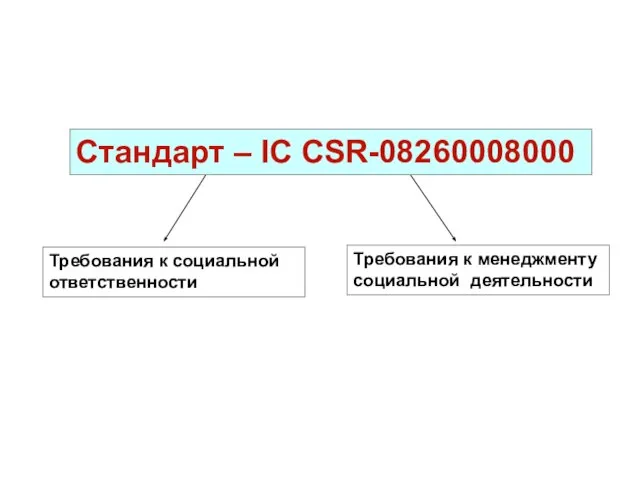 Требования к социальной ответственности Требования к менеджменту социальной деятельности Стандарт – IC CSR-08260008000