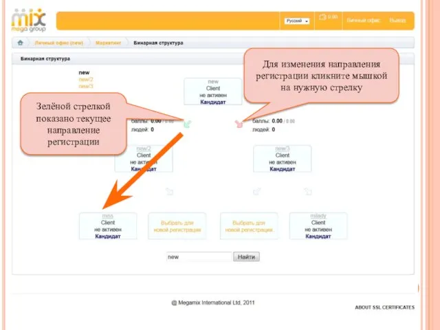 Для изменения направления регистрации кликните мышкой на нужную стрелку Зелёной стрелкой показано текущее направление регистрации