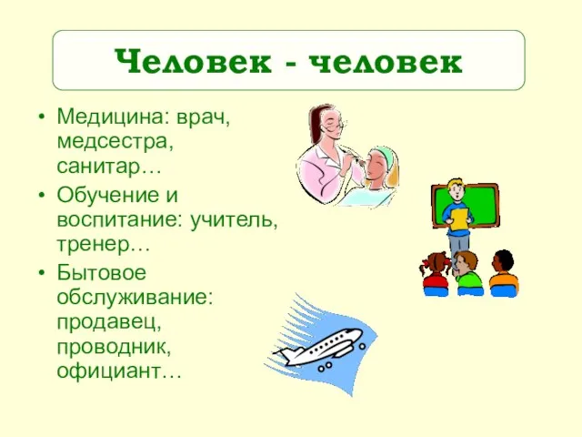 Человек - человек Медицина: врач, медсестра, санитар… Обучение и воспитание: учитель, тренер…