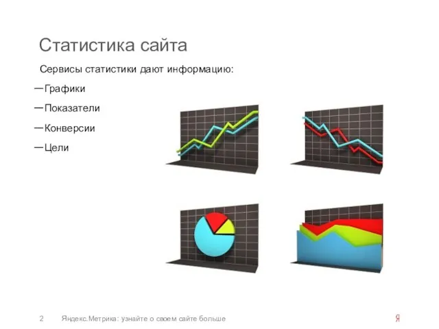 Статистика сайта Сервисы статистики дают информацию: Графики Показатели Конверсии Цели Яндекс.Метрика: узнайте о своем сайте больше