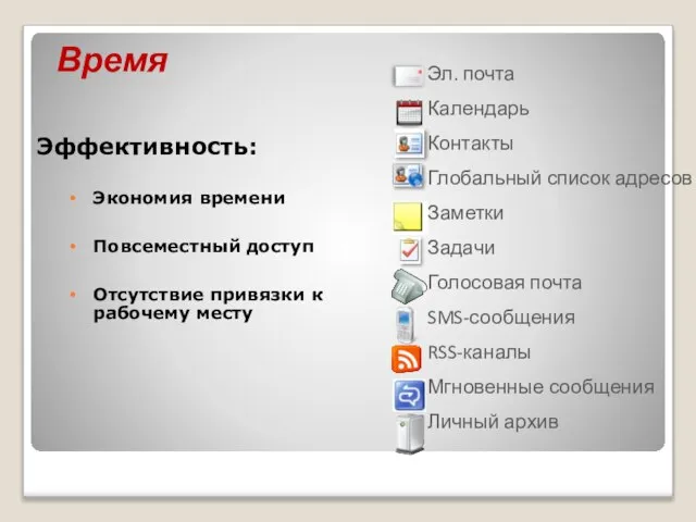 Время Эффективность: Экономия времени Повсеместный доступ Отсутствие привязки к рабочему месту Эл.