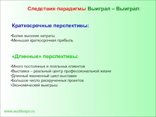 www.auditexpo.ru Следствия парадигмы Выиграл – Выиграл: Краткосрочные перспективы: Более высокие затраты Меньшая