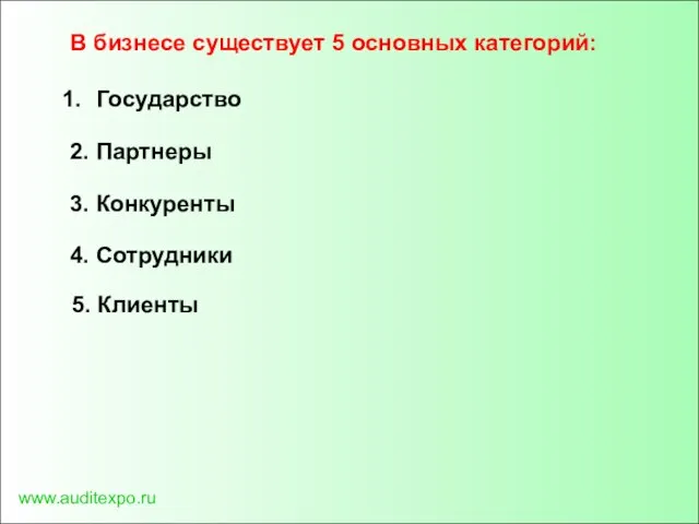 www.auditexpo.ru В бизнесе существует 5 основных категорий: Государство 2. Партнеры 3. Конкуренты 4. Сотрудники 5. Клиенты