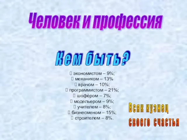 Человек и профессия экономистом – 9%; механиком – 13% врачом – 10%;