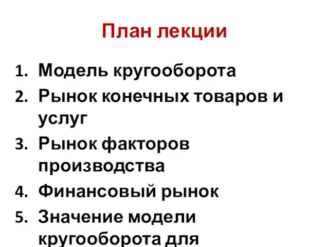 План лекции Модель кругооборота Рынок конечных товаров и услуг Рынок факторов производства