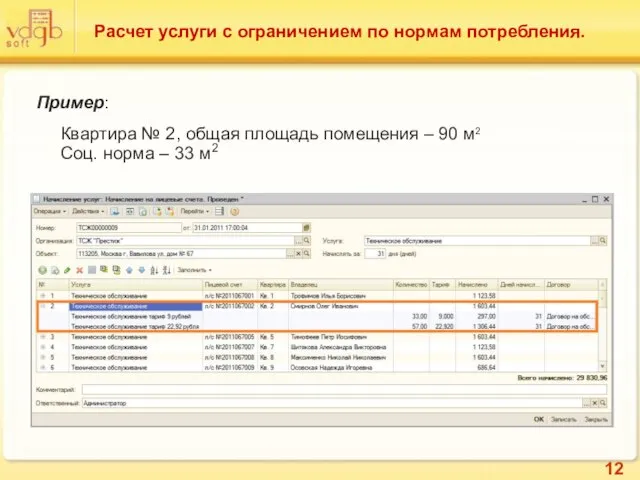 Расчет услуги с ограничением по нормам потребления. Пример: Квартира № 2, общая