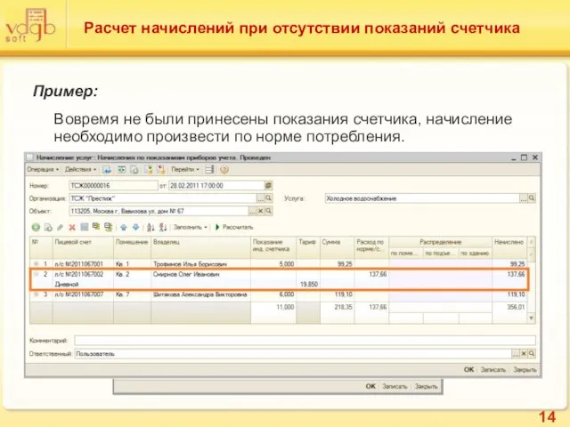 Расчет начислений при отсутствии показаний счетчика Пример: Вовремя не были принесены показания