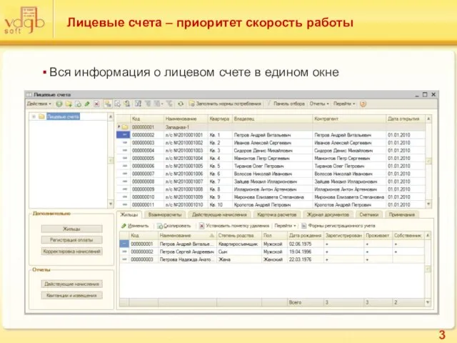 Лицевые счета – приоритет скорость работы Вся информация о лицевом счете в едином окне