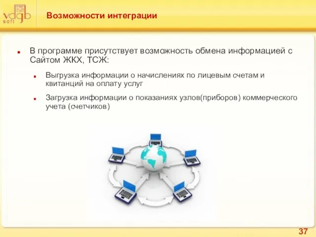 Возможности интеграции В программе присутствует возможность обмена информацией с Сайтом ЖКХ, ТСЖ: