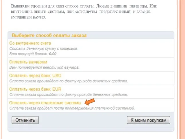 Выбираем удобный для себя способ оплаты. Любые внешние переводы. Или внутренние деньги