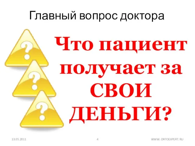 Главный вопрос доктора 13.05.2011 WWW. ORTOEXPERT. RU Что пациент получает за СВОИ ДЕНЬГИ?