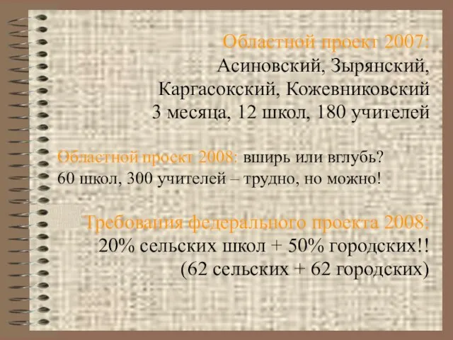 Областной проект 2007: Асиновский, Зырянский, Каргасокский, Кожевниковский 3 месяца, 12 школ, 180