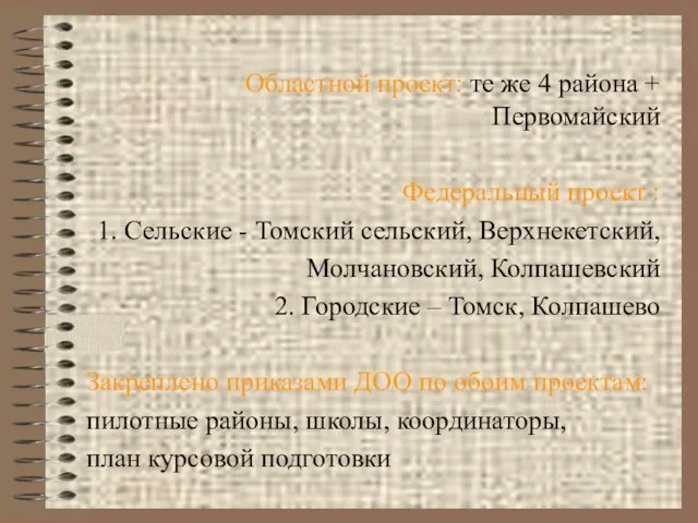 Областной проект: те же 4 района + Первомайский Федеральный проект : 1.