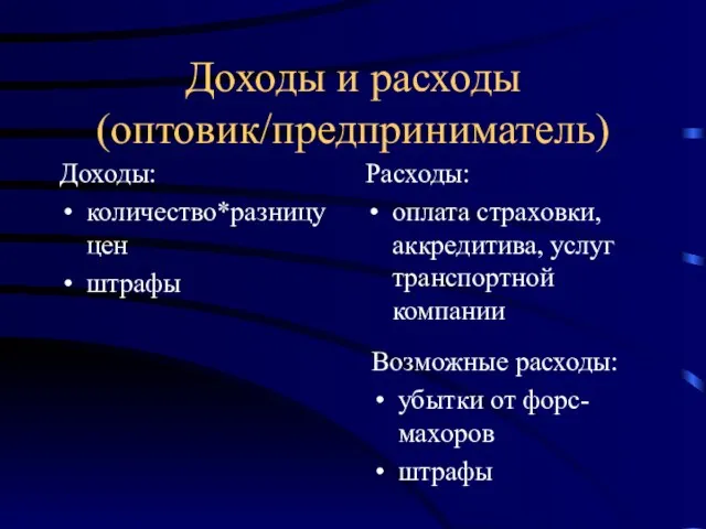 Доходы и расходы (оптовик/предприниматель) Доходы: количество*разницу цен штрафы Расходы: оплата страховки, аккредитива,