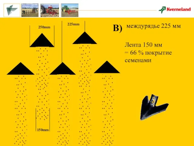 250mm 150mm 225mm B) междурядье 225 мм Лента 150 мм = 66 % покрытие семенами