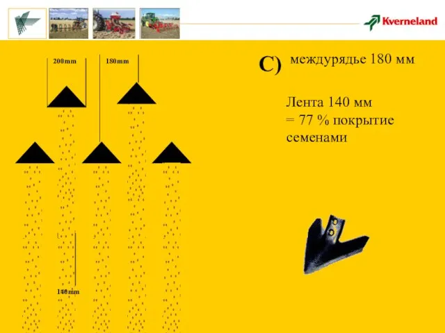 200mm 180mm 140mm C) междурядье 180 мм Лента 140 мм = 77 % покрытие семенами