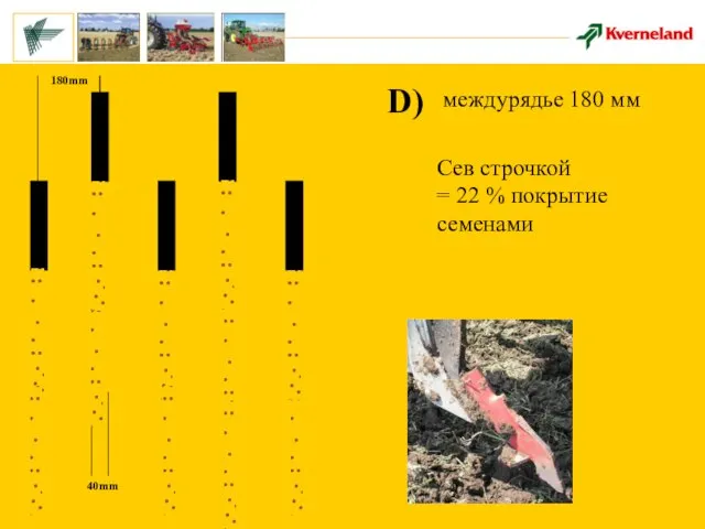 180mm 40mm D) междурядье 180 мм Сев строчкой = 22 % покрытие семенами