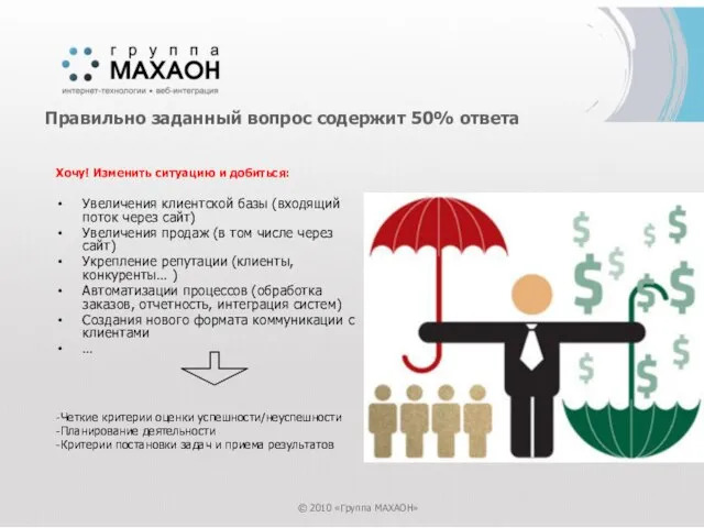 Правильно заданный вопрос содержит 50% ответа © 2010 «Группа МАХАОН» Хочу! Изменить