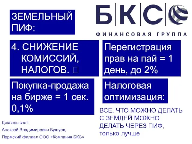 ЗЕМЕЛЬНЫЙ ПИФ: Докладывает: Алексей Владимирович Бушуев, Пермский филиал ООО «Компания БКС» ВСЕ,