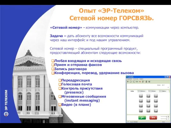 Опыт «ЭР-Телеком» Сетевой номер ГОРСВЯЗЬ. «Сетевой номер» - коммуникации через компьютер. Задача