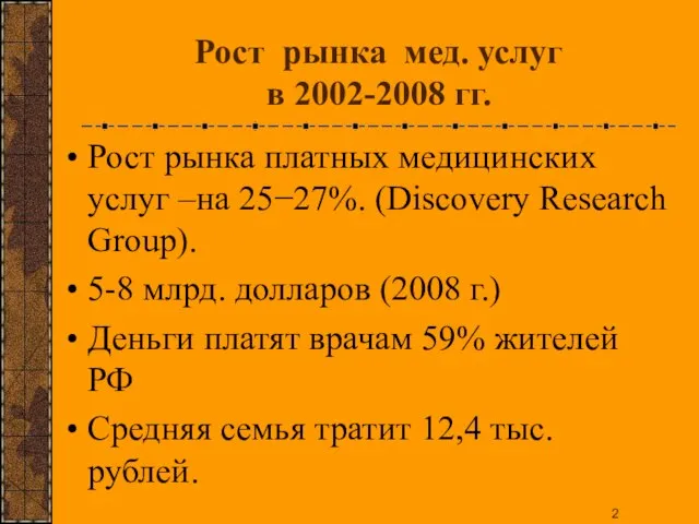 Рост рынка мед. услуг в 2002-2008 гг. Рост рынка платных медицинских услуг