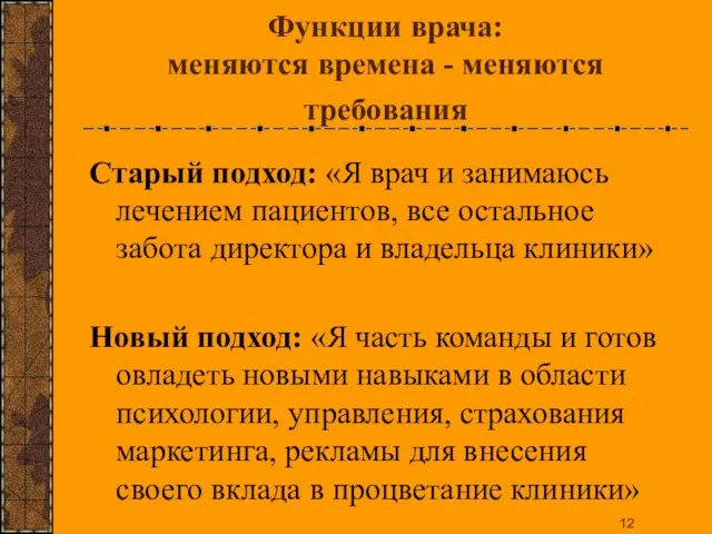 Функции врача: меняются времена - меняются требования Старый подход: «Я врач и