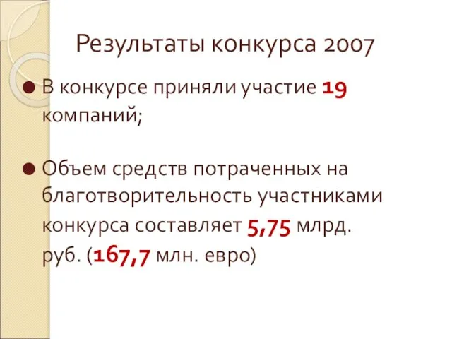 Результаты конкурса 2007 В конкурсе приняли участие 19 компаний; Объем средств потраченных