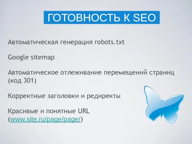 Автоматическая генерация robots.txt Google sitemap Автоматическое отлеживание перемещений страниц (код 301) Корректные