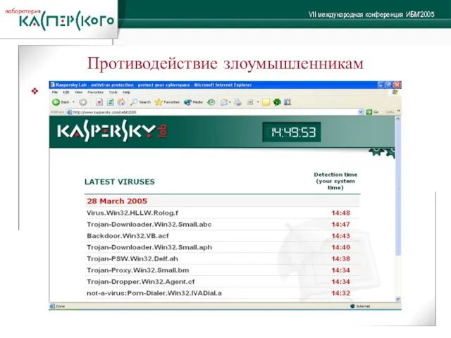 Противодействие злоумышленникам Основной приоритет антивирусных компаний – борьба со временем: Сбор информации Скорость реакции Надёжность доставки