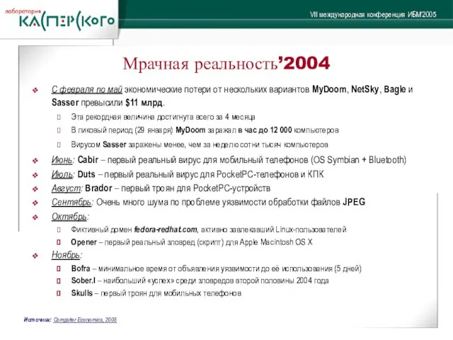 Мрачная реальность’2004 С февраля по май экономические потери от нескольких вариантов MyDoom,