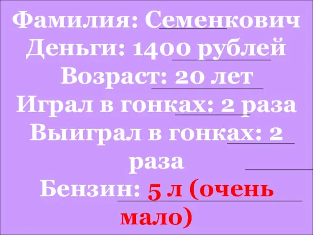 Имя: Тима Фамилия: Семенкович Деньги: 1400 рублей Возраст: 20 лет Играл в