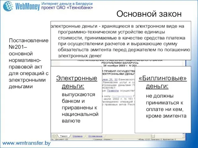 Основной закон Постановление №201–основной нормативно-правовой акт для операций с электронными деньгами Электронные