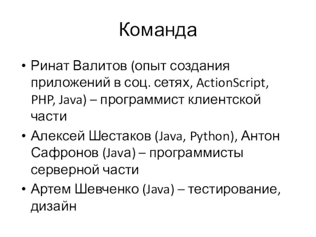 Команда Ринат Валитов (опыт создания приложений в соц. сетях, ActionScript, PHP, Java)