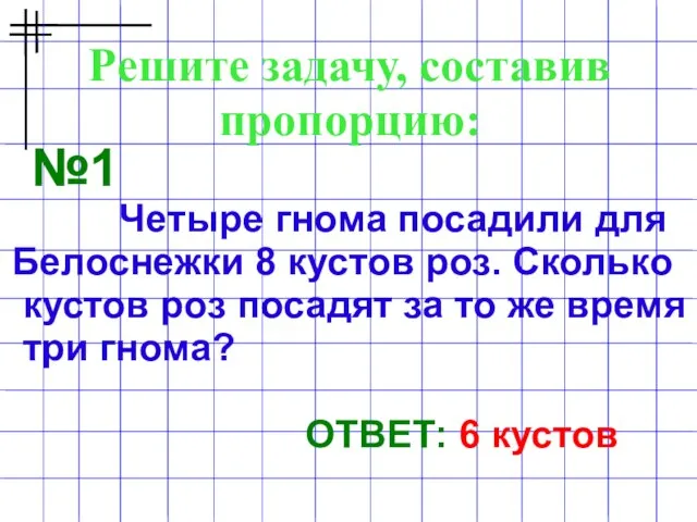 Решите задачу, составив пропорцию: №1 Четыре гнома посадили для Белоснежки 8 кустов