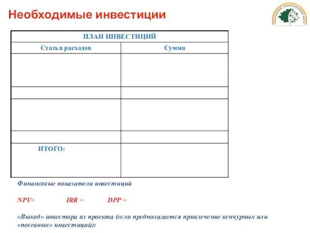 Необходимые инвестиции Финансовые показатели инвестиций NPV= IRR = DPP = «Выход» инвестора