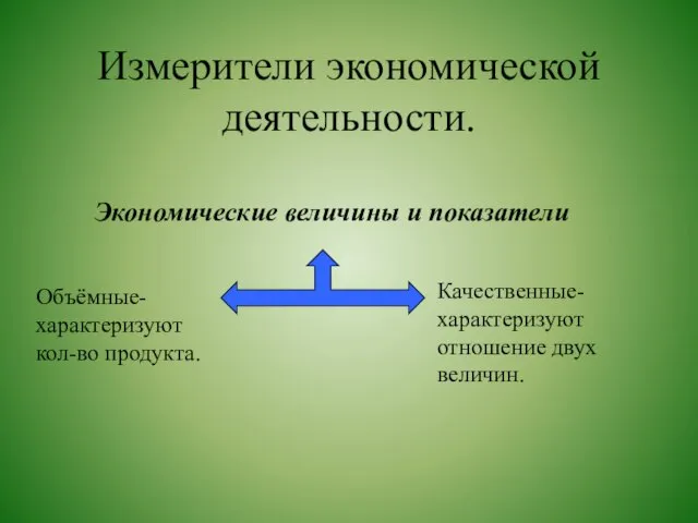 Измерители экономической деятельности. Экономические величины и показатели Объёмные- характеризуют кол-во продукта. Качественные- характеризуют отношение двух величин.