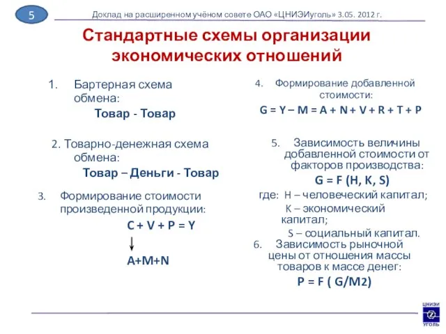 Стандартные схемы организации экономических отношений Доклад на расширенном учёном совете ОАО «ЦНИЭИуголь»