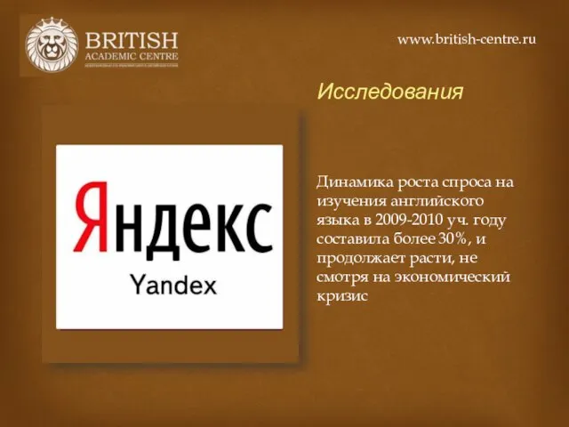 Исследования Динамика роста спроса на изучения английского языка в 2009-2010 уч. году