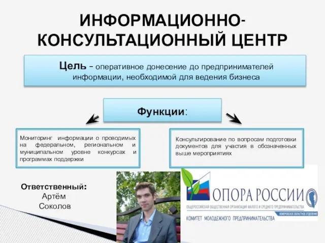 ИНФОРМАЦИОННО-КОНСУЛЬТАЦИОННЫЙ ЦЕНТР Ответственный: Артём Соколов Цель – оперативное донесение до предпринимателей информации,