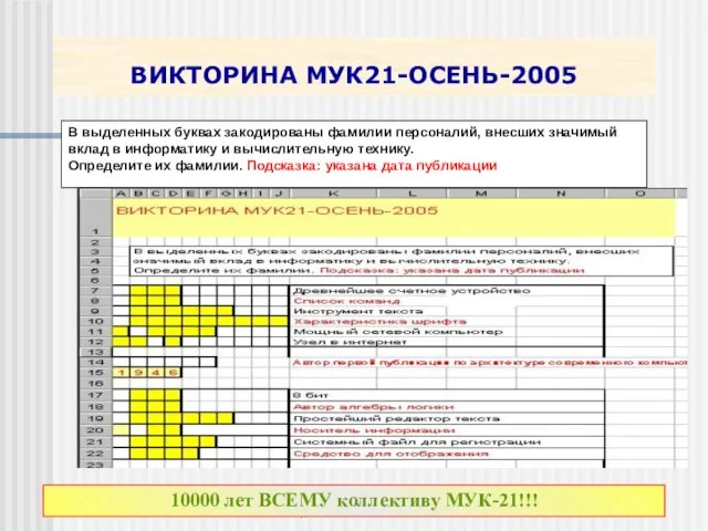 ЦО 170 3 кл. ВИКТОРИНА МУК21-ОСЕНЬ-2005 10000 лет ВСЕМУ коллективу МУК-21!!! В