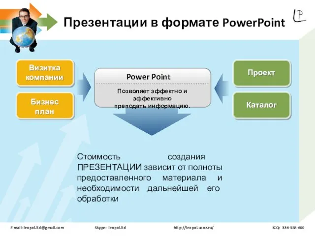 Power Point Позволяет эффектно и эффективно преподать информацию. Проект Каталог Визитка компании