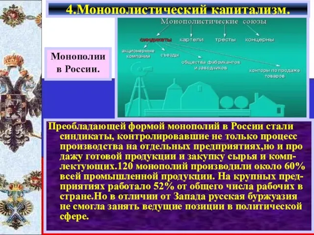 Преобладающей формой монополий в России стали синдикаты, контролировавшие не только процесс производства