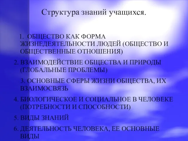 Структура знаний учащихся. 1. ОБЩЕСТВО КАК ФОРМА ЖИЗНЕДЕЯТЕЛЬНОСТИ ЛЮДЕЙ (ОБЩЕСТВО И ОБЩЕСТВЕННЫЕ