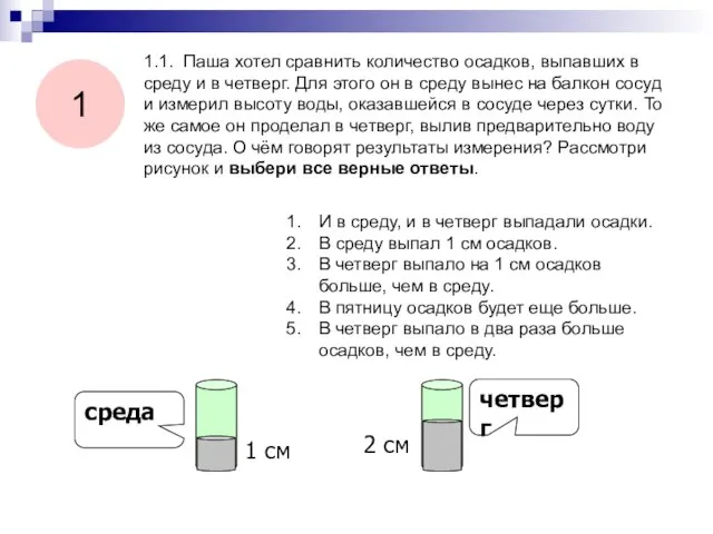 1.1. Паша хотел сравнить количество осадков, выпавших в среду и в четверг.