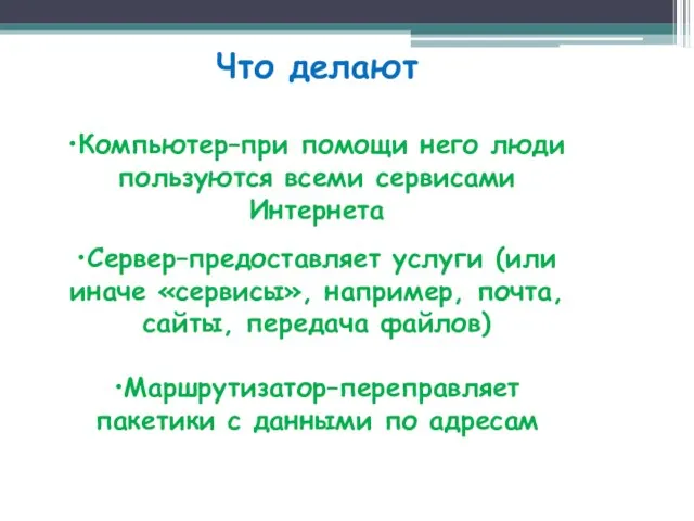 Что делают •Компьютер–при помощи него люди пользуются всеми сервисами Интернета •Сервер–предоставляет услуги