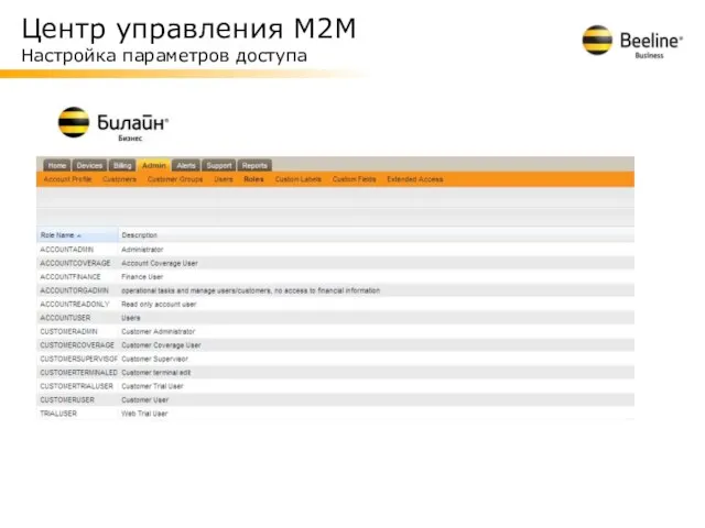 Центр управления М2М Настройка параметров доступа