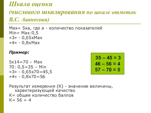 Шкала оценки (числового шкалирования по шкале отметок В.С. Аванесова) Max= 5ха, где