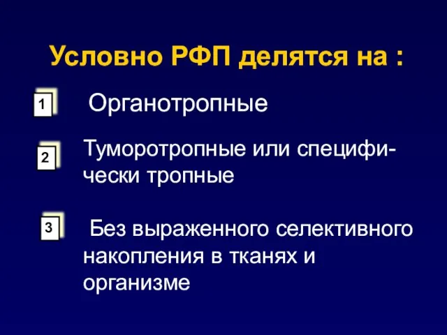 Условно РФП делятся на : Органотропные Туморотропные или специфи-чески тропные Без выраженного